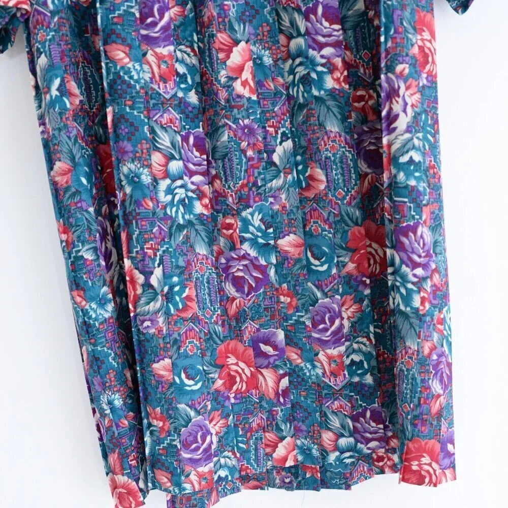 Vintage Schrader Teal Purple Floral Button Front Pleated Maxi Retro 80s Dress 18 - Picture 4 of 14